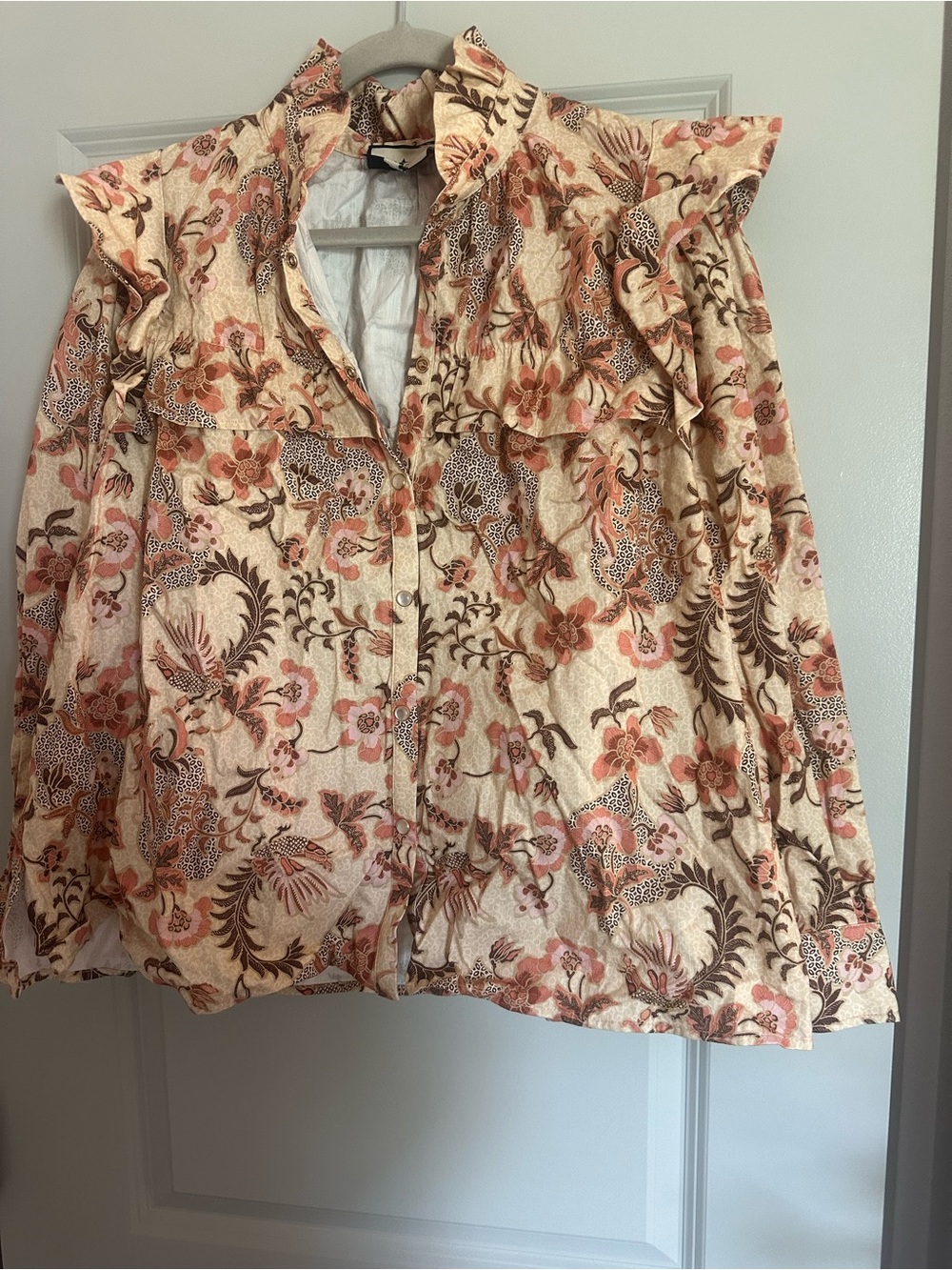 Tuckernuck Floral Ruffle Button-Front Blouse in Cream, Pink and Brown